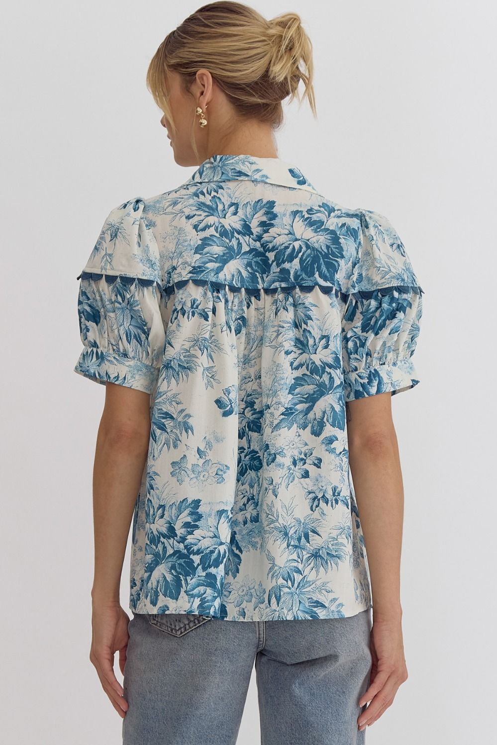 Teal Blue Floral Print V- Neck Puff Sleeve Blouse