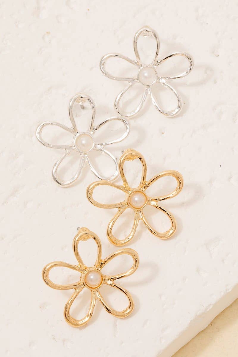 Pearl Studded Flower Stud Drop Earrings