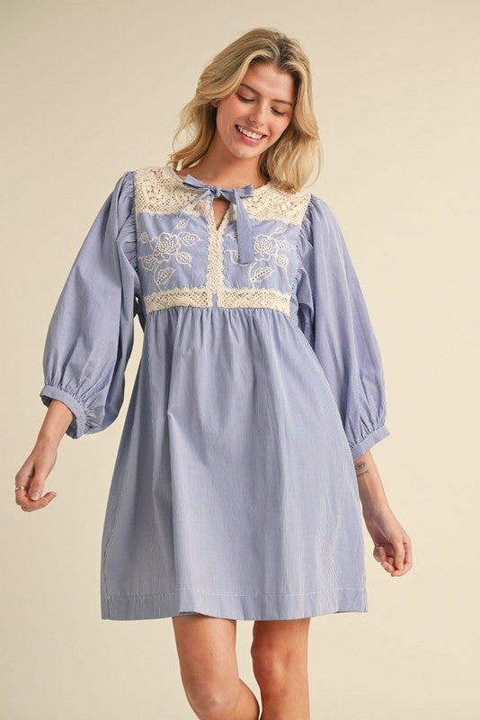 Embroidery Bow Tie Neck Baby Doll Dress
