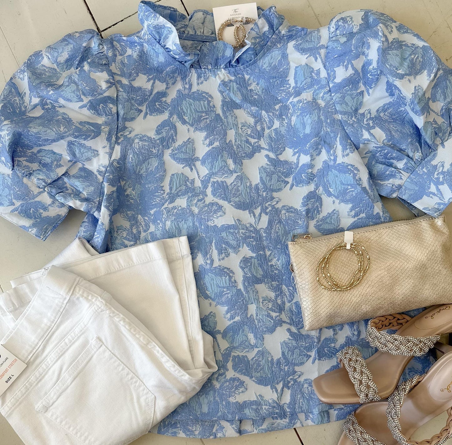 Blue/White Puff Sleeve Floral