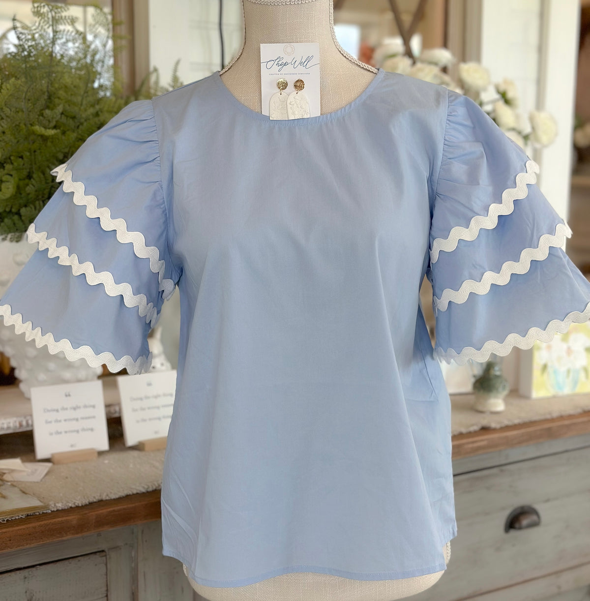 Sky Blue with White Ric Rac Trim Top