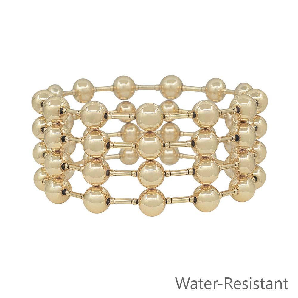Water Resistant Set of 8MM Gold Beaded and Gold Bar Stretch Bracelets