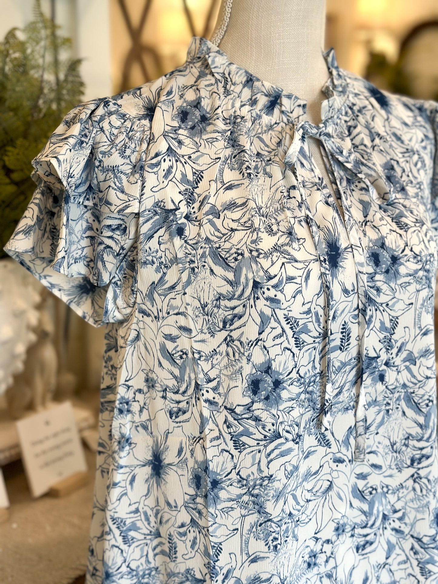 Blue/White Floral Print Self-Tie Neck Top