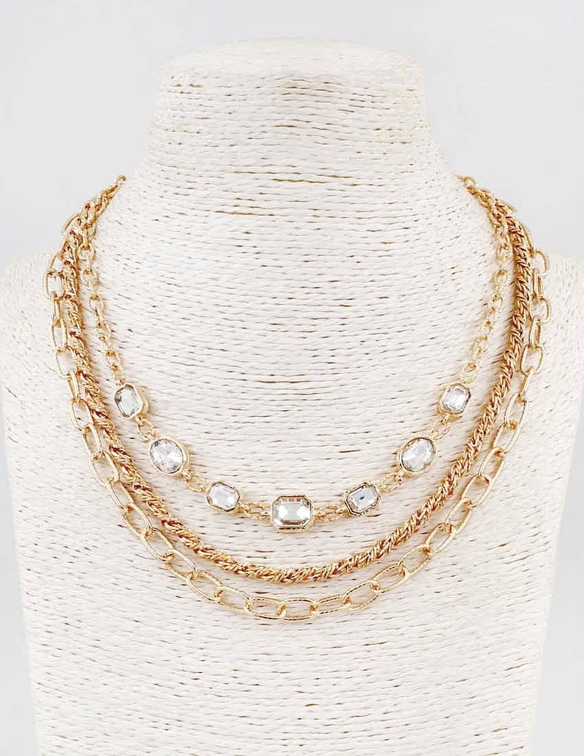 Gold Textured Layered Chain with Clear Crystal 16"-18" Necklace