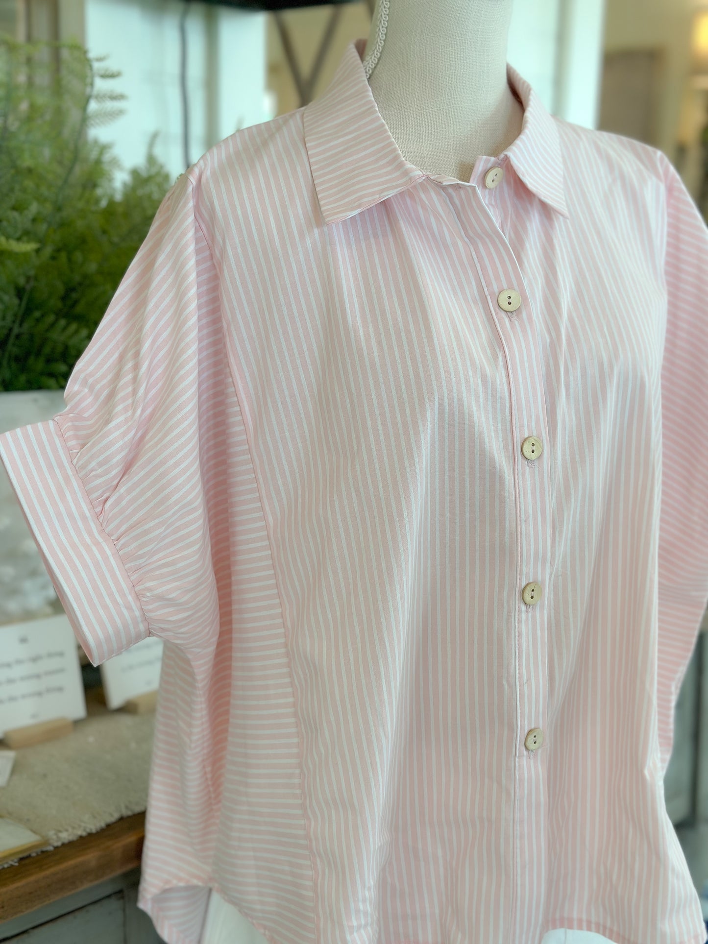 Pink/White Stripe Collared Dolman Short Sleeve Top