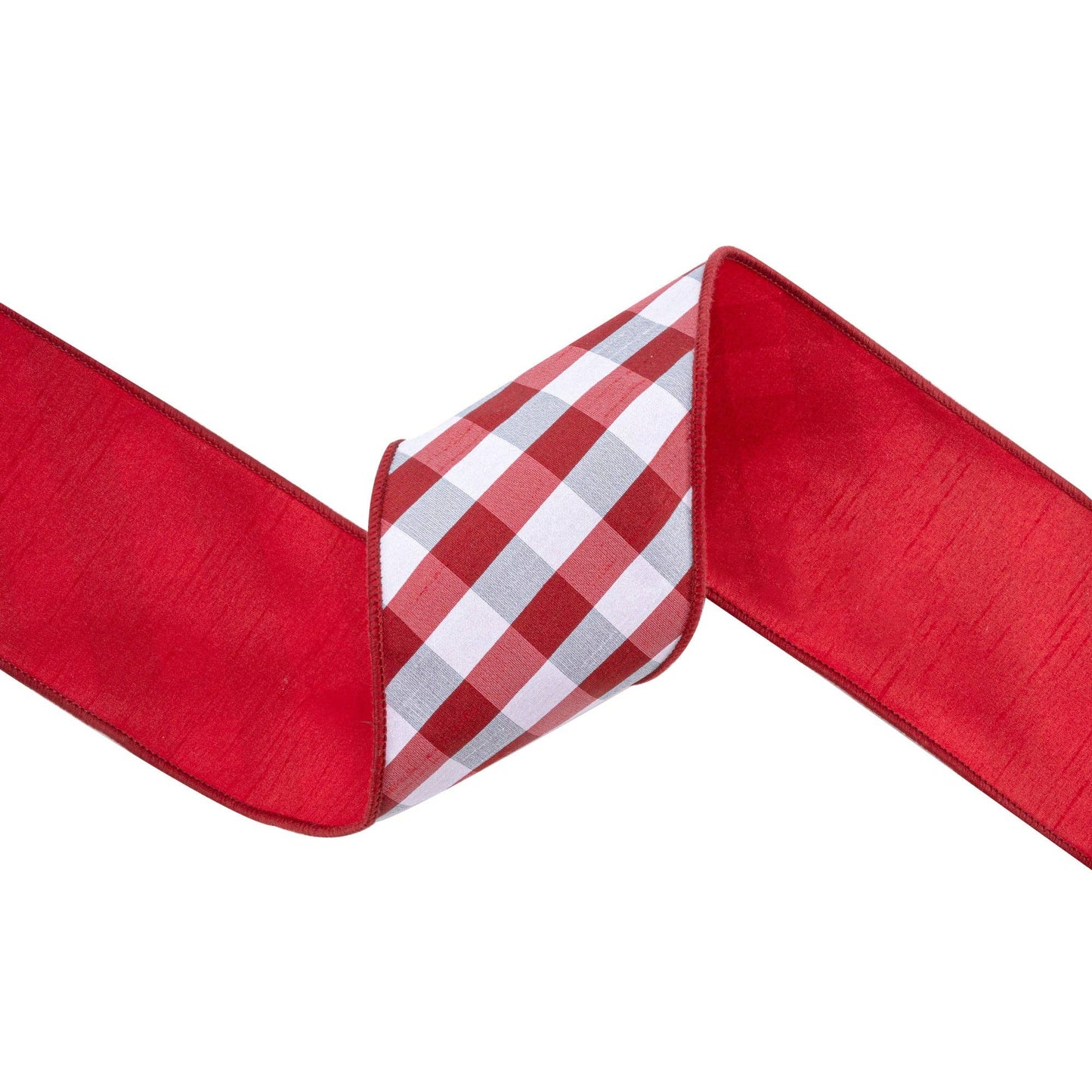 4" Red/White Bias Check Wired Ribbon with Dupioni Backing 10yd