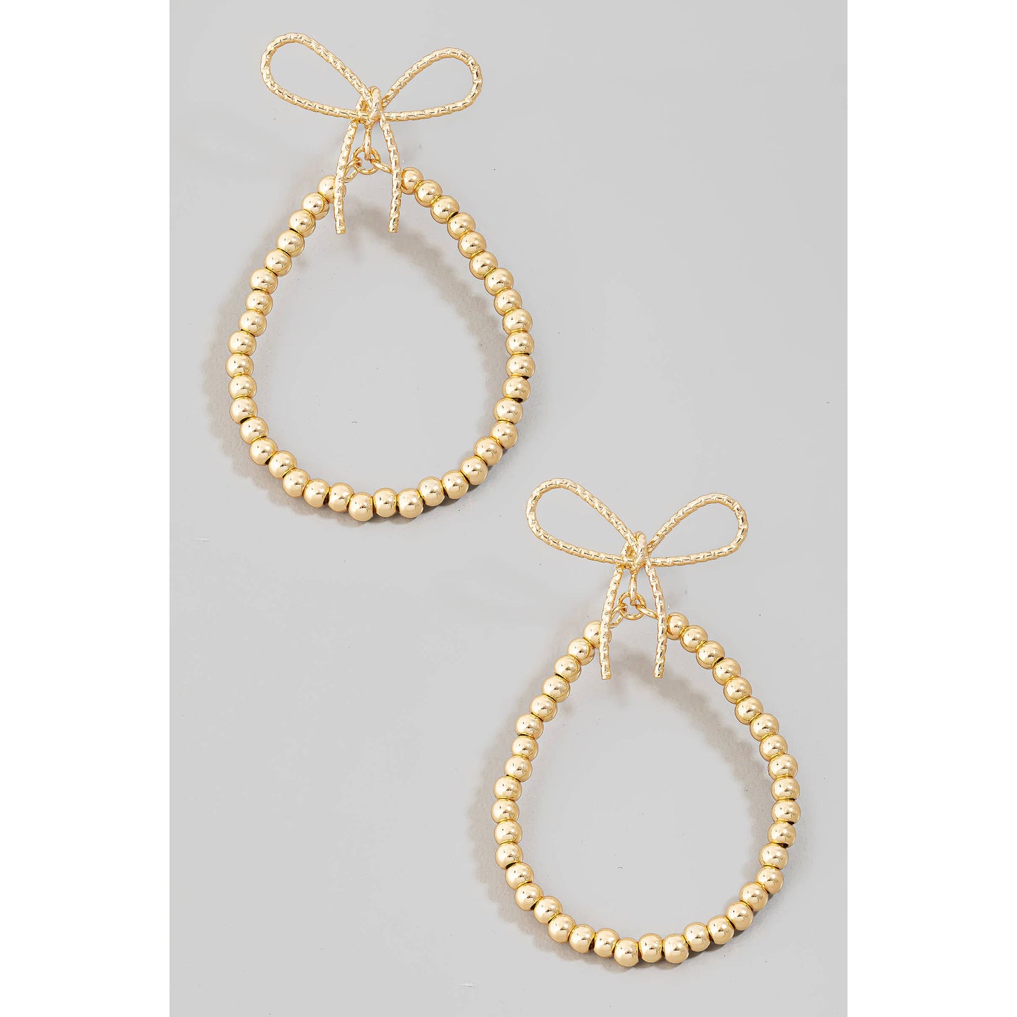 Metallic Beaded Tear Ribbon Bow Stud Earrings Gold