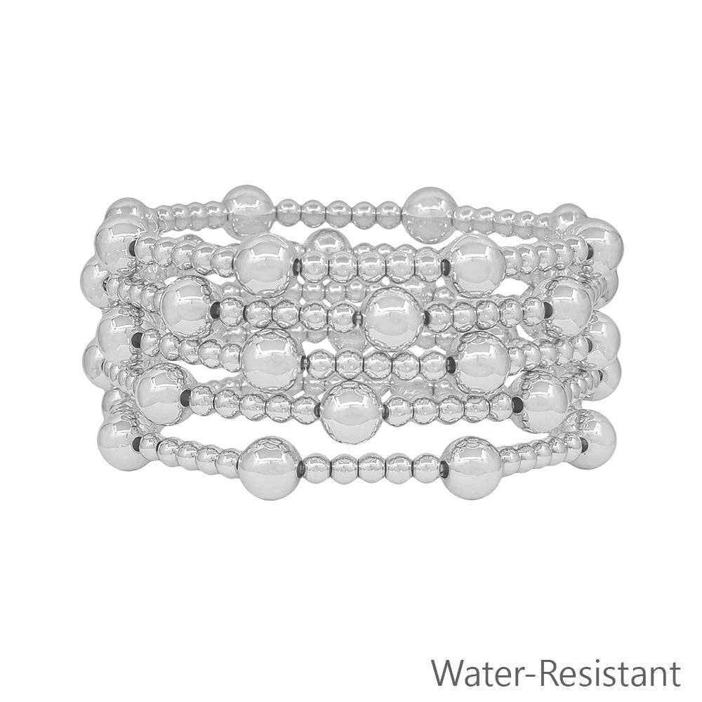 Water Resistant Set of 5 8MM & 4MM Silver Beaded Stretch Bracelets