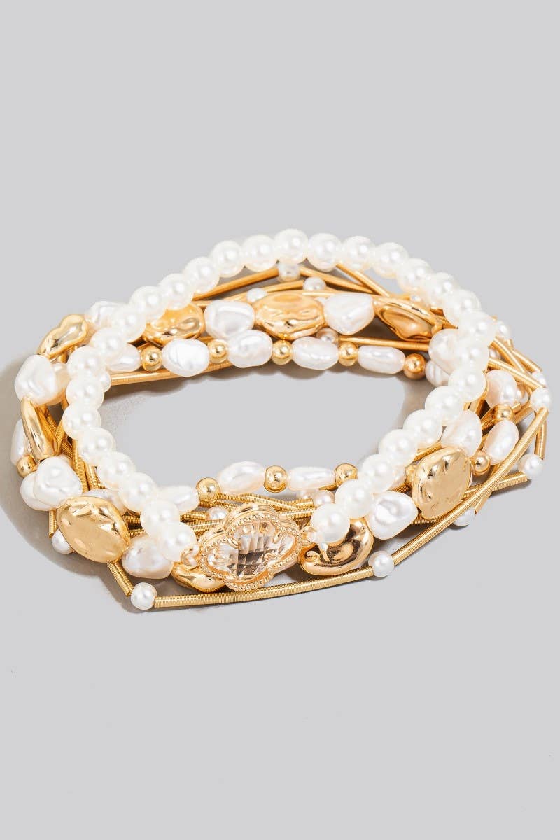 Pearl Beads And Metallic Coil Layered Bracelet Set