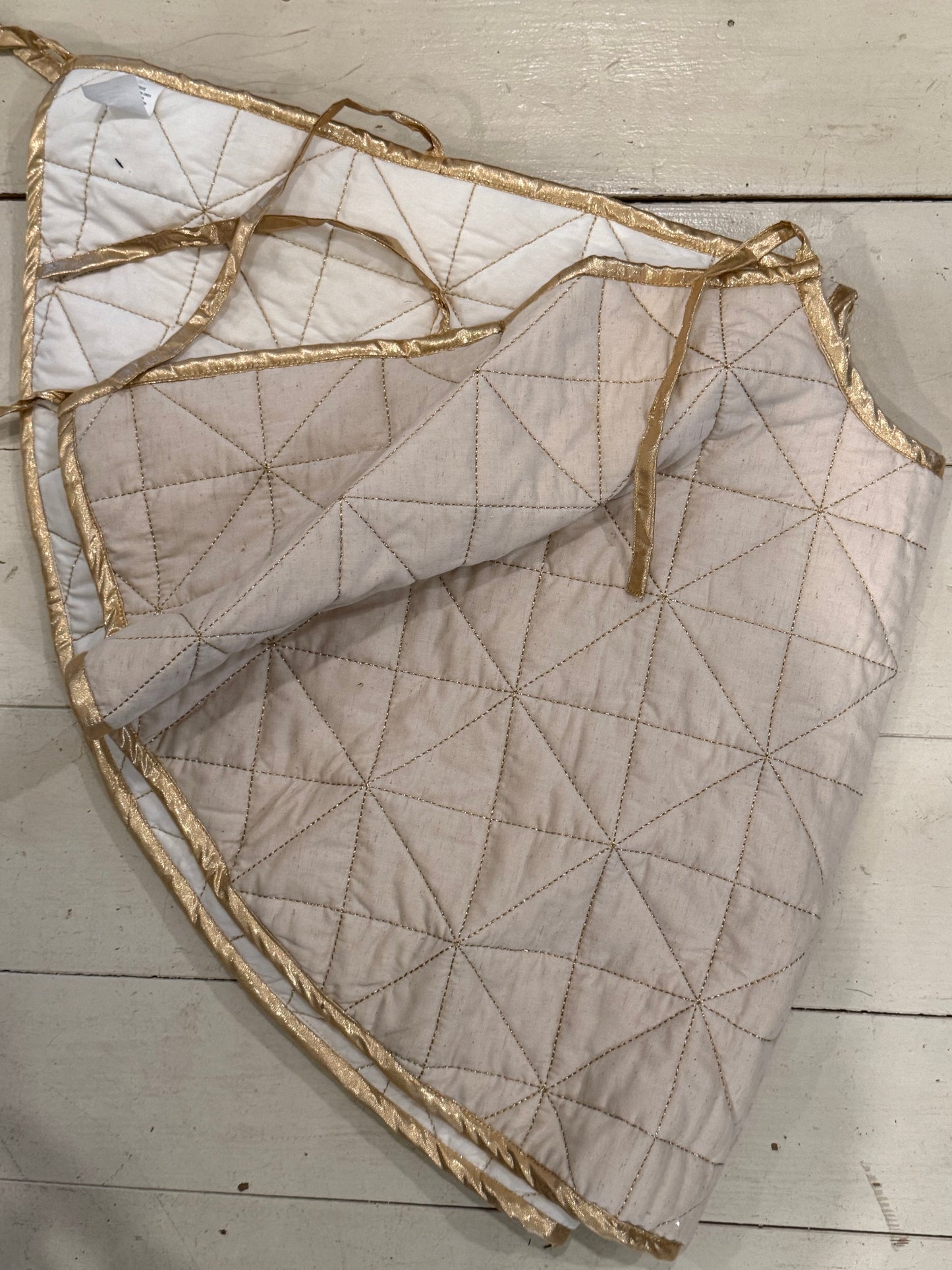 Quilted Cotton & Linen Tree Skirt w/Metallic Gold Thread Embroidery