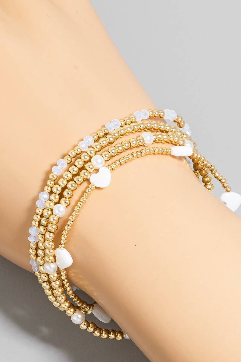 Heart Charms Pearl And Metallic Beaded Bracelet Set: Gold