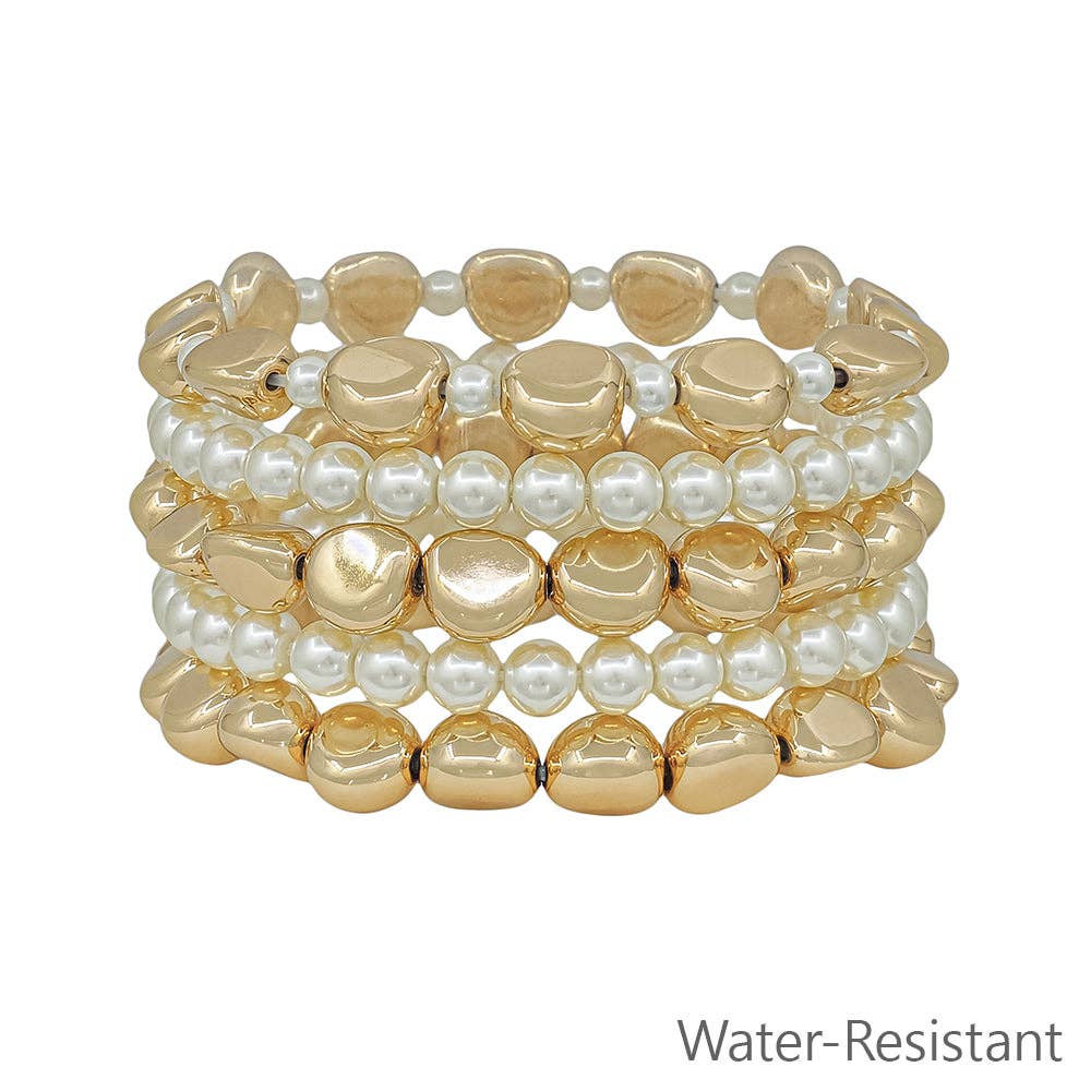 Water Resistant Set of 5 Gold and Pearl Stretch Bracelets