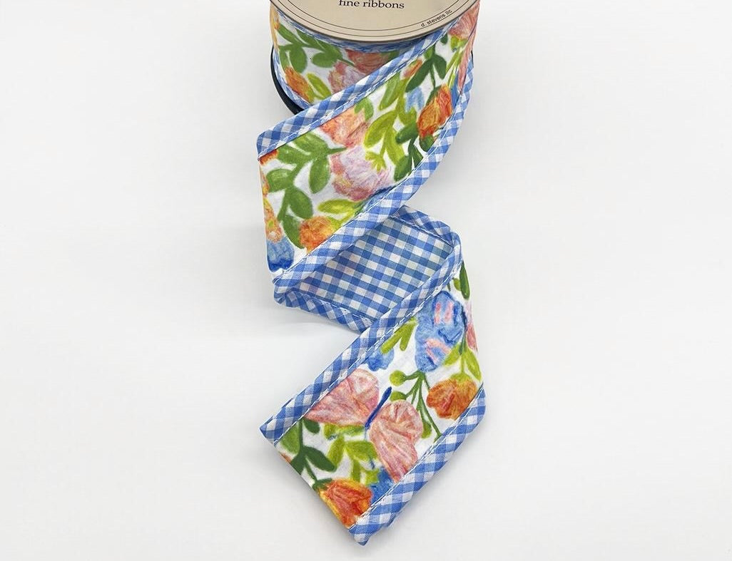 2.5" Poplin mix spring floral bow blue gingham back, green pink orange
