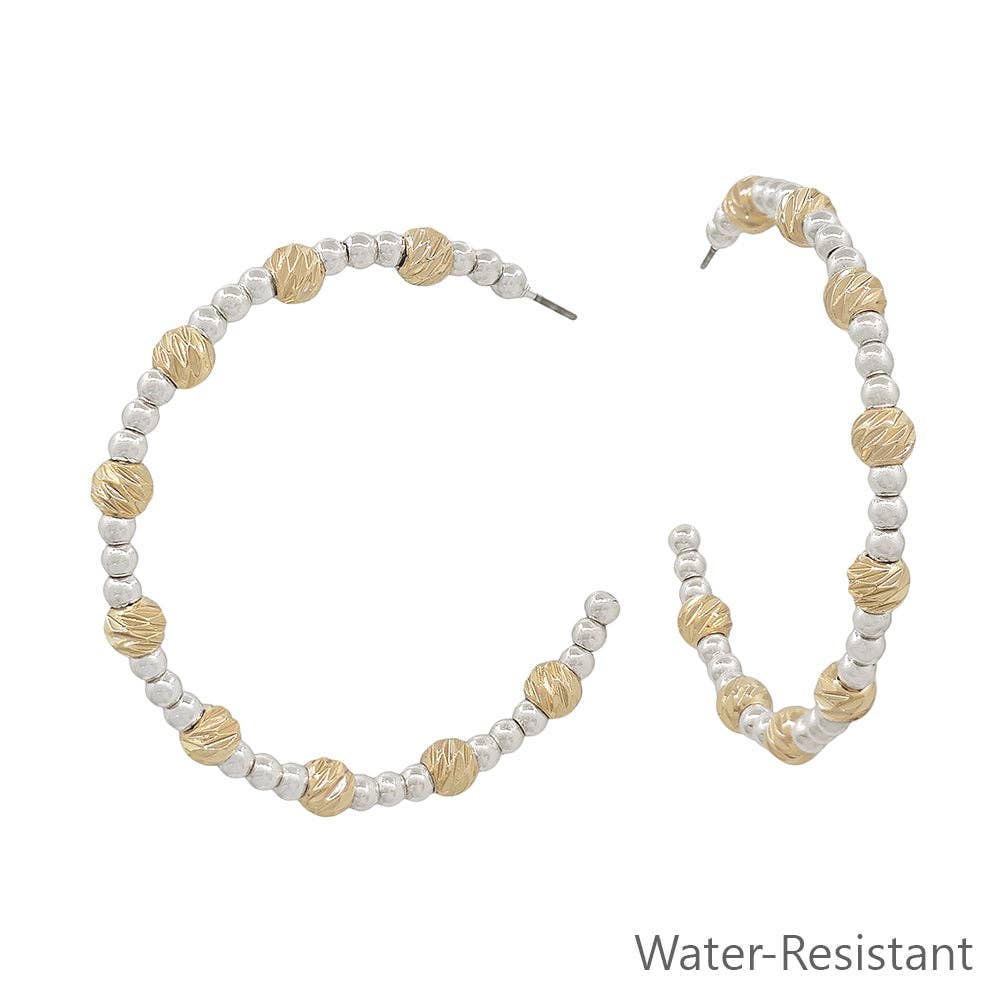 Silver Beaded with Gold Textured Accent 2" Hoop Earring