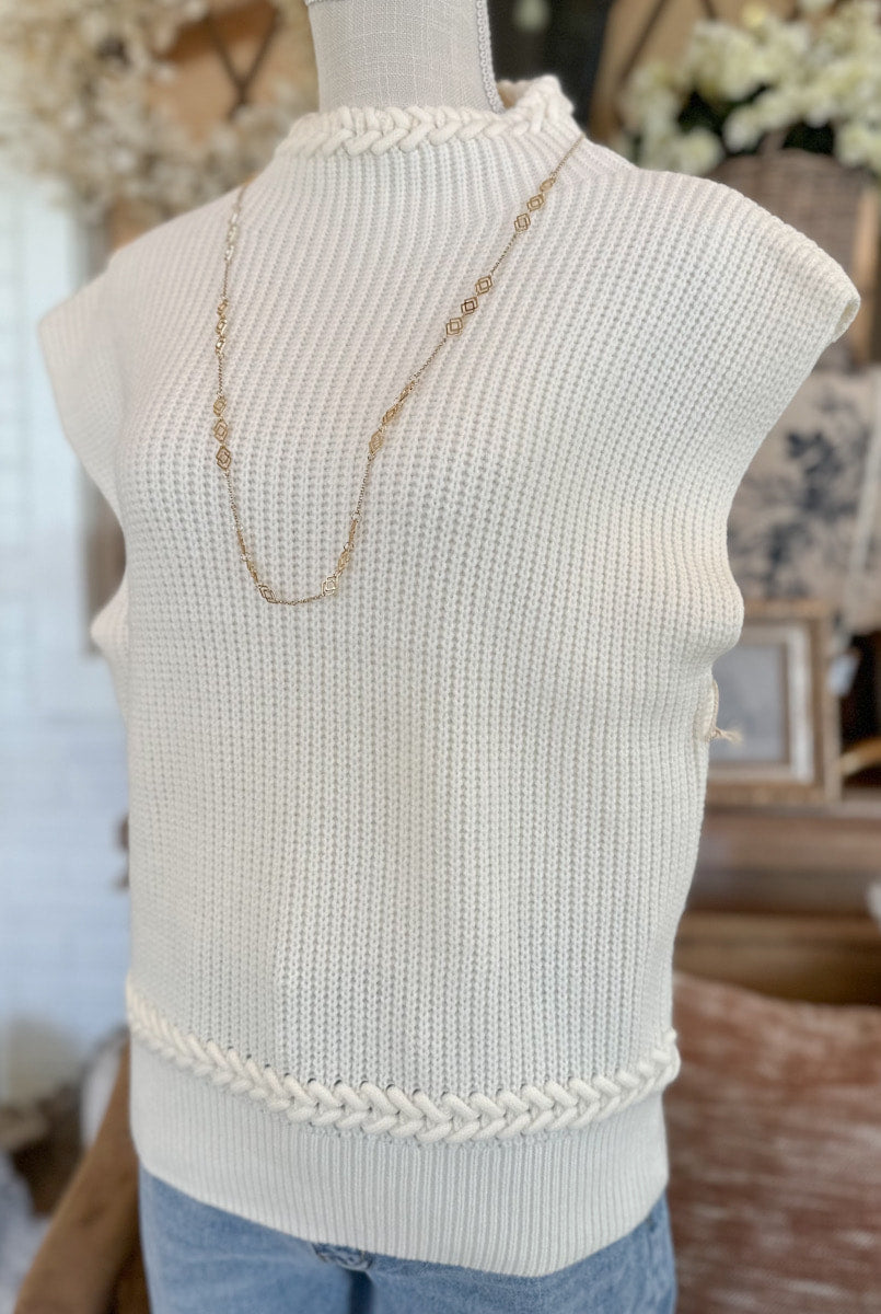 Braided Trim Sleeveless Sweater - Ivory
