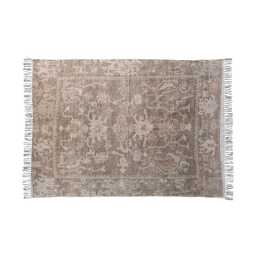 Cotton Chenille Distressed Print Rug w/Fringe 5' x 7'