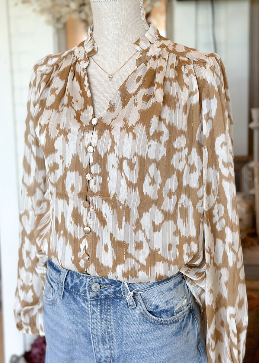Abstract Print Chiffon Split Neck Top - Taupe