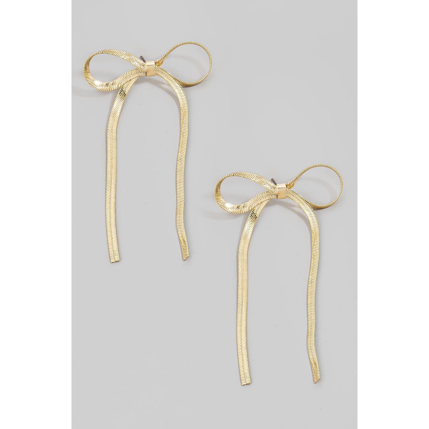 Ribbon Bow Flat Chain Stud Dangle Earrings: Gold