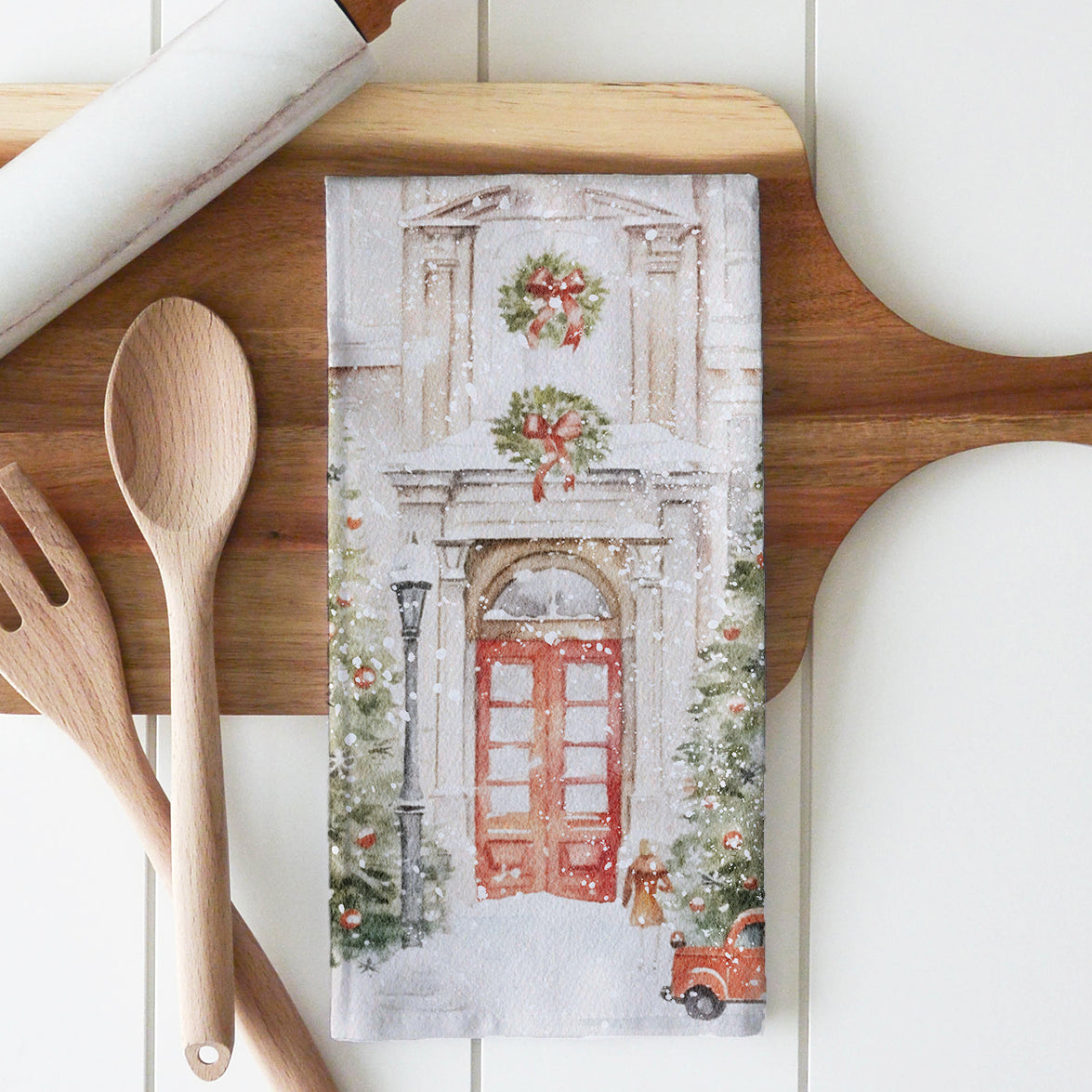 Snowy Doors Tea Towel: Natural