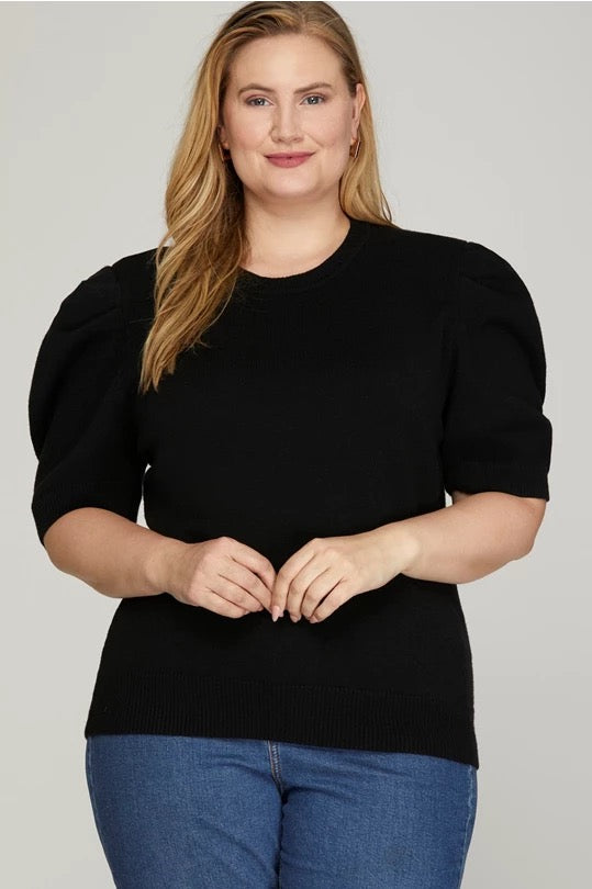 Black Short sleeve Sweater Top-Curvy