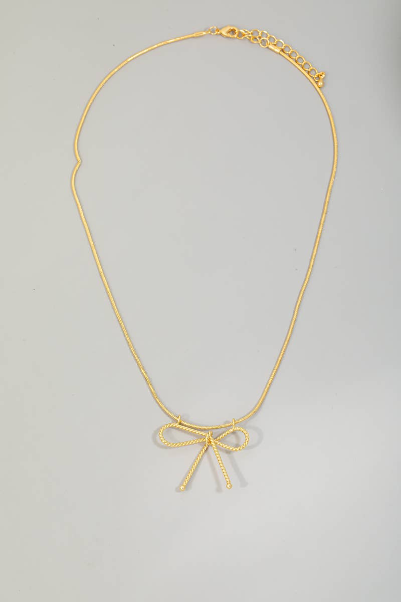 Twisted Metallic Ribbon Bow Pendant Necklace: G