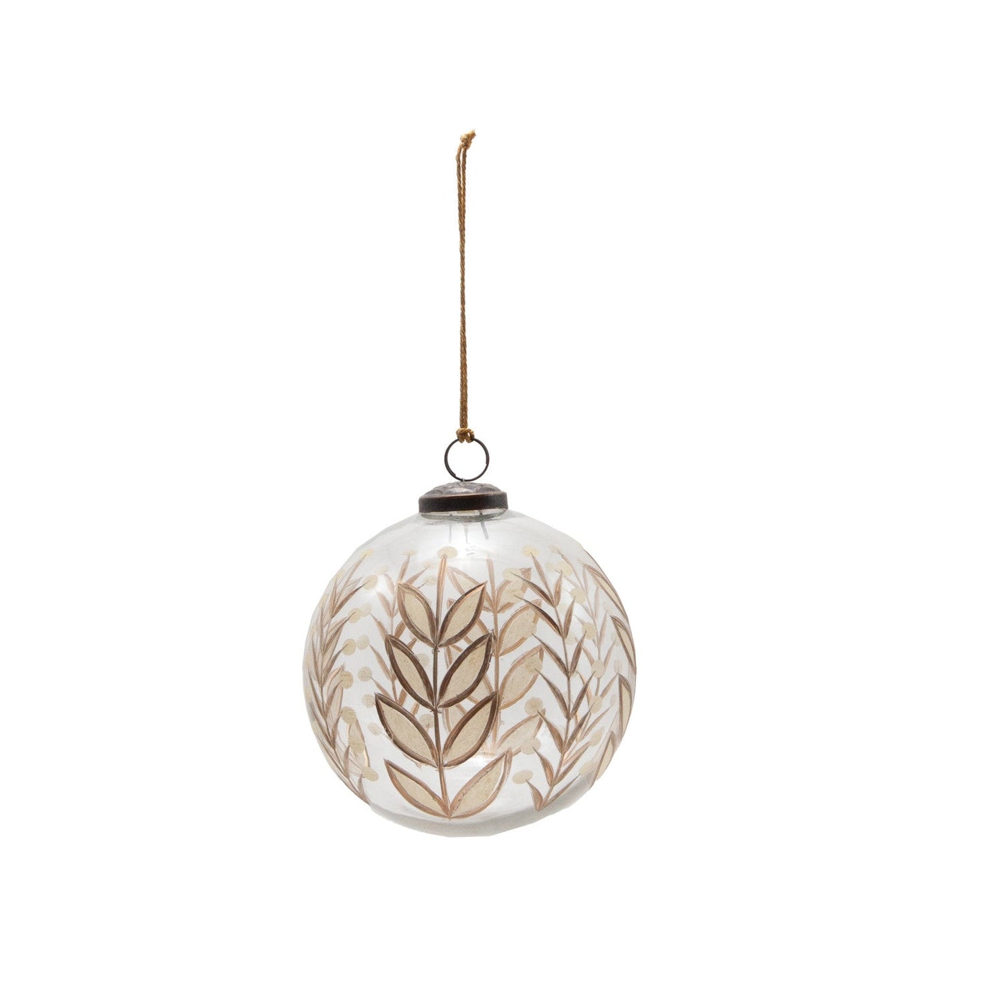 Hand-Painted Etched Glass Ball Ornament with Botanicals Design | 5"