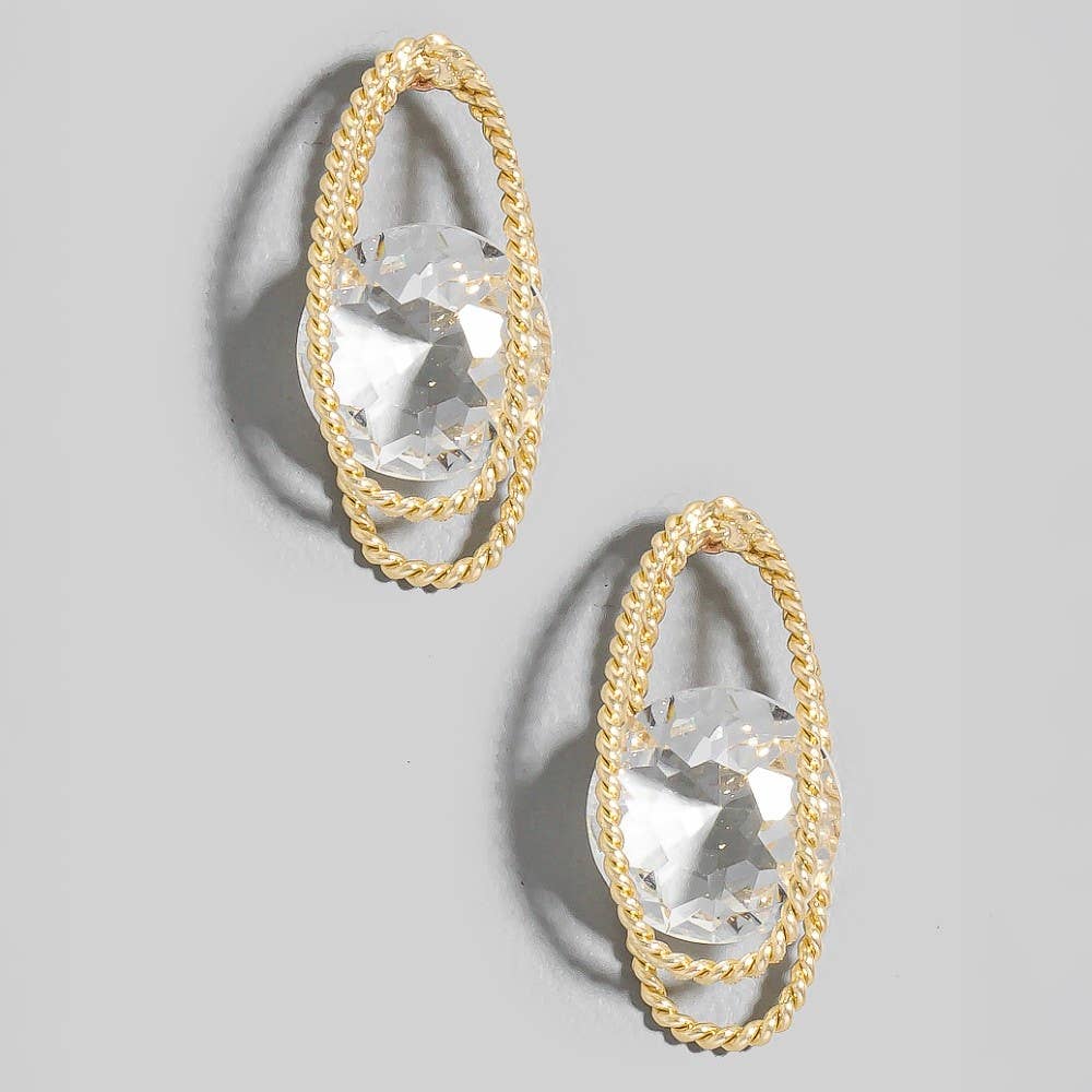 Metallic Oval Rope And Faceted Gem Stud Drop Earrings