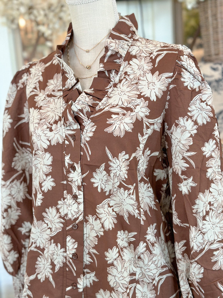 Brown Floral Print Ruffle Neck Long Sleeve Top