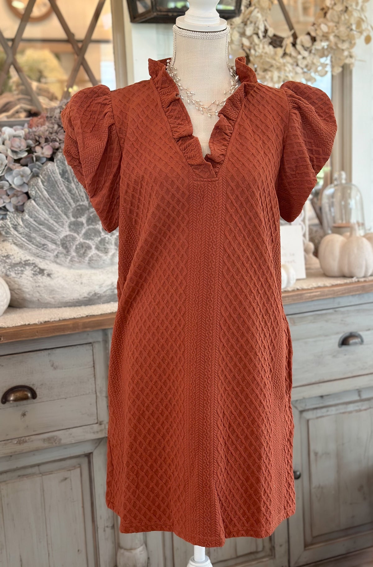 Rust Textured Short Sleeve Dress