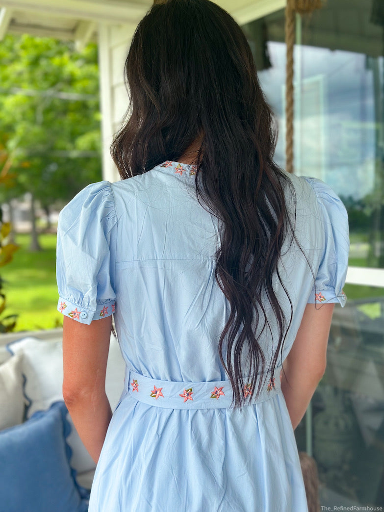 Sky Blue Floral Embroidery Belted Midi Dress