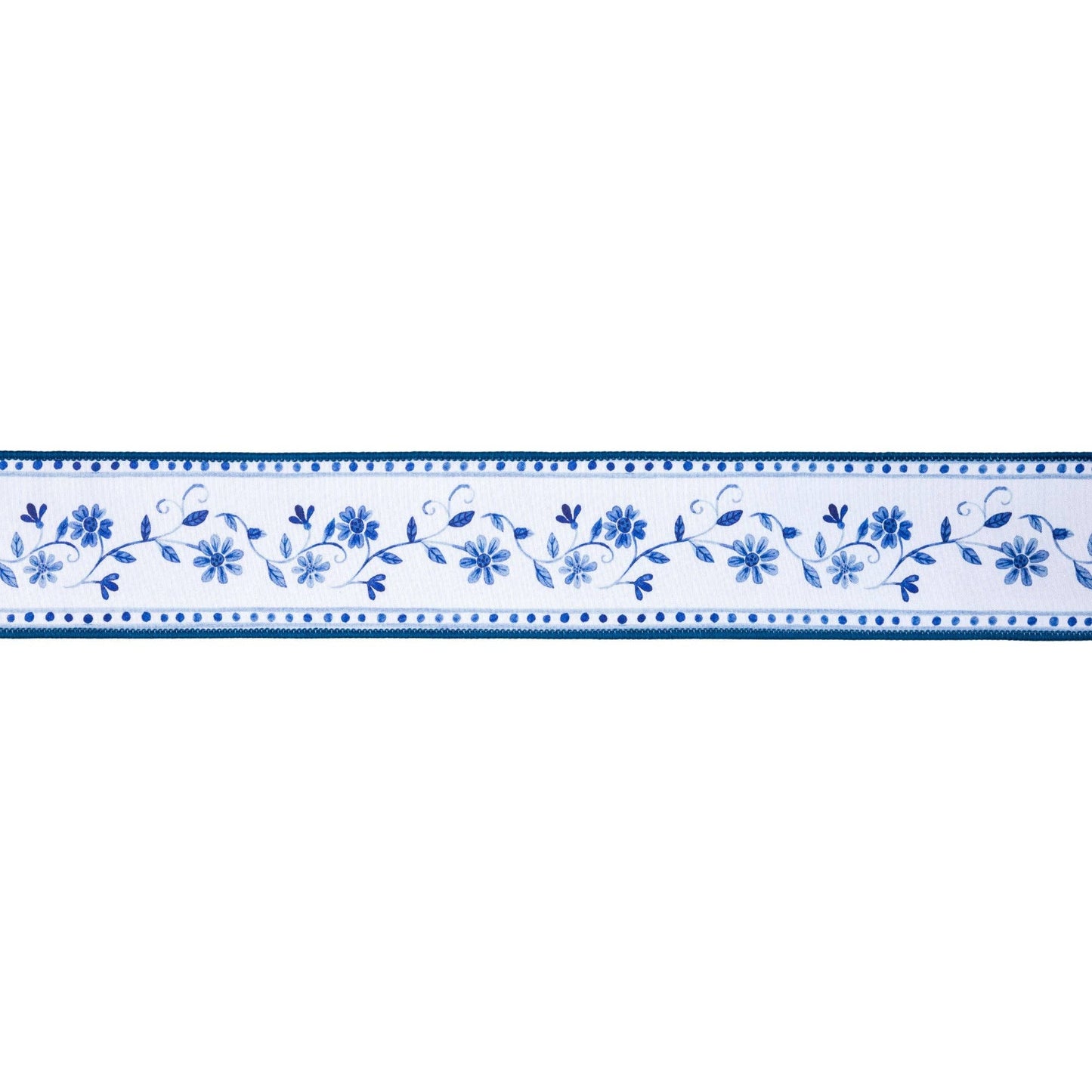 2 1/2" Wired Dupioni Ribbon | Blue Floral Vine on White w/ Blue Backing | 10 Yard Roll