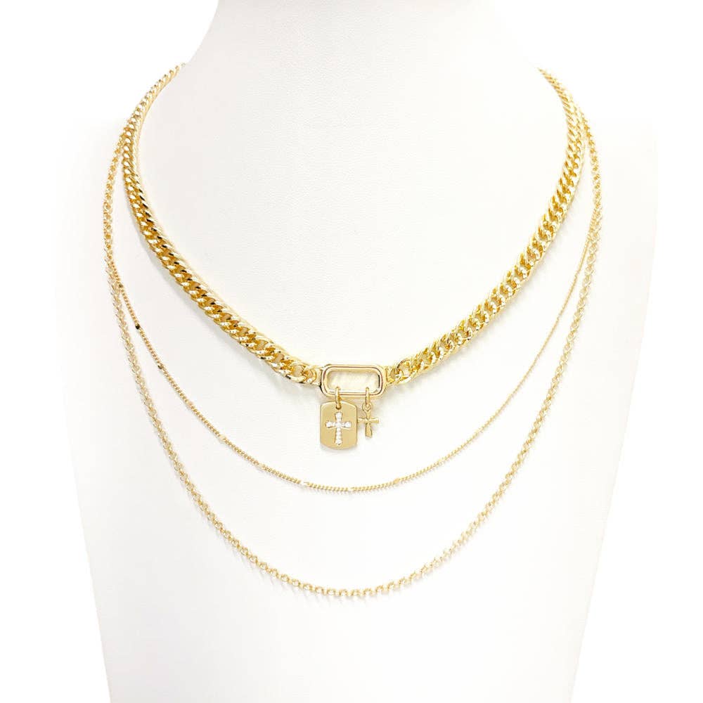 Triple Layered Gold Chain with Cross Charms 16"-19" Necklace
