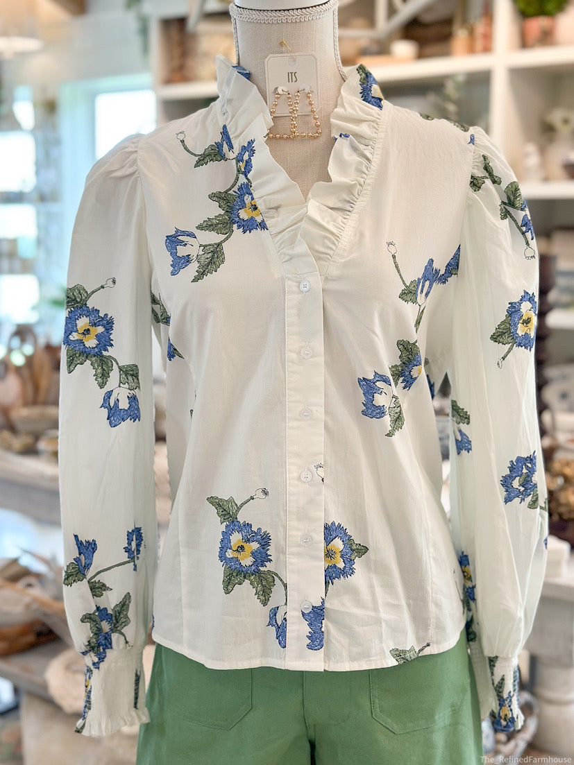 Ivory & Blue floral Printed button front smocked long sleeve top