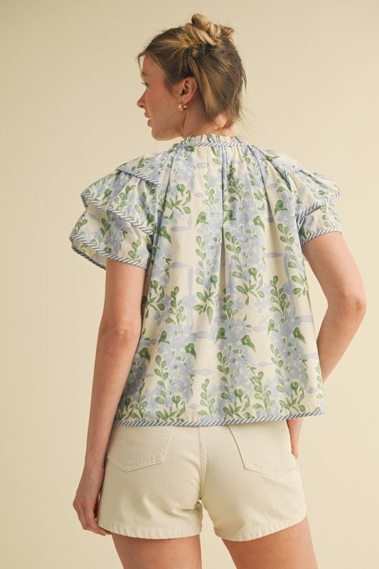 Blue Floral Flutter Sleeve Top