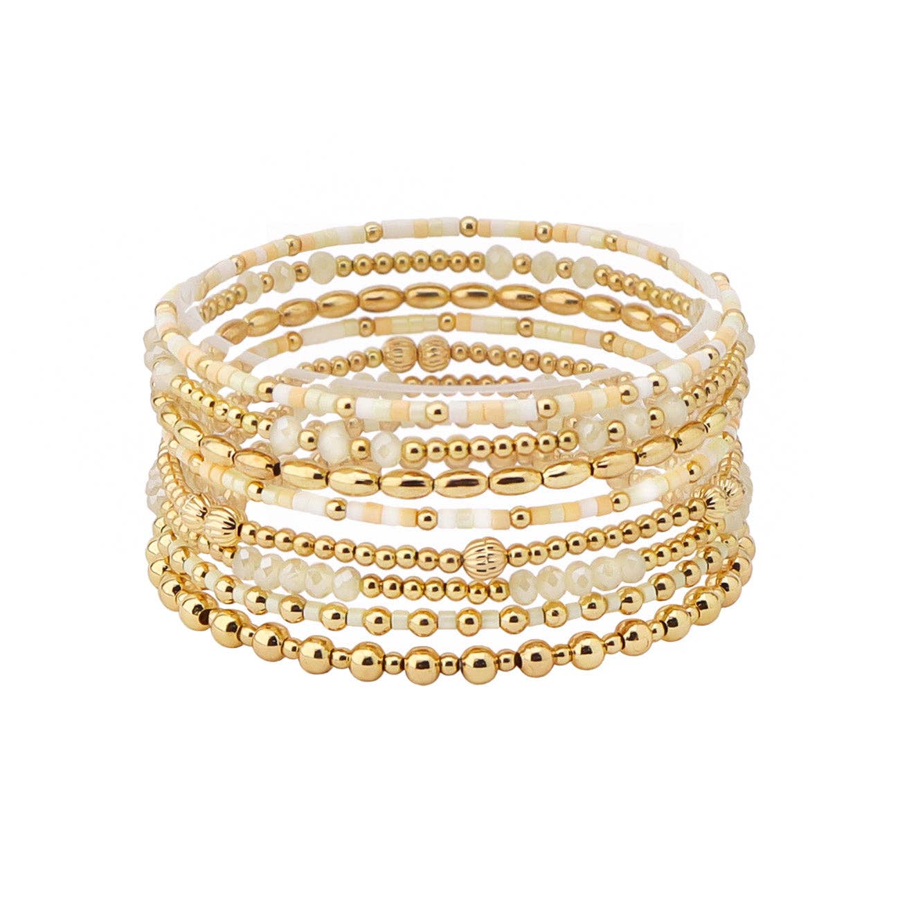 Set of 8 Natural Seed Bead & Crystal and Gold Stretch Bracelet