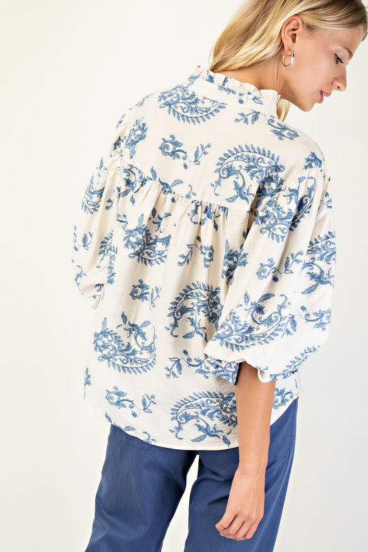 Cream & Blue Button Down Blouse