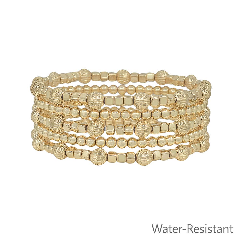 Water Resistant Gold Beaded with Cross Set of 5 Stretch Bracelets