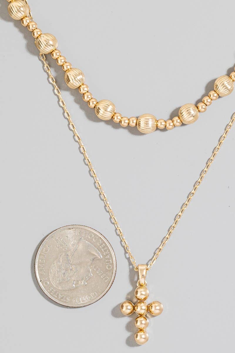 Metallic Beaded Cross Layered Necklace Set: GD