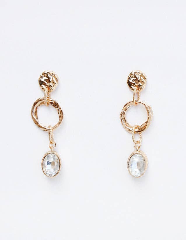 Gold Hammered Coin with Open Circle and Clear Rhinestone 2" Drop Earring