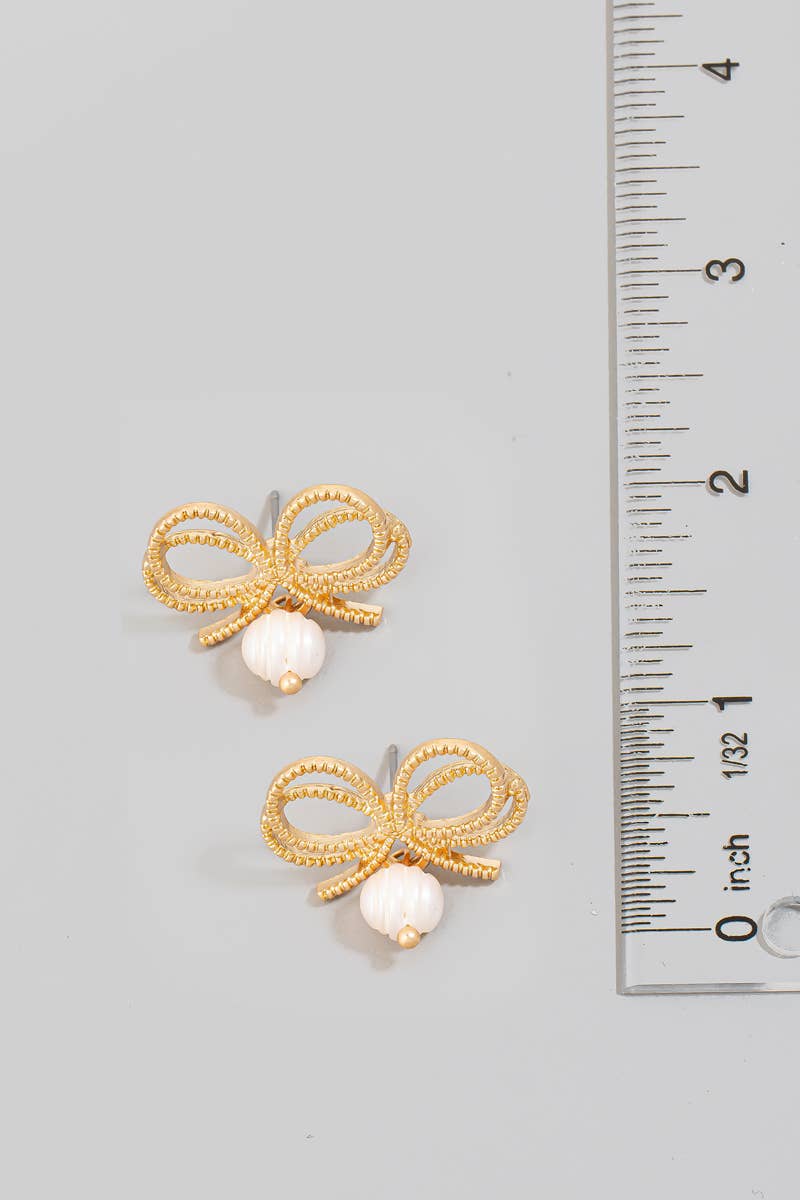 Pearl Charm Ribbon Bow Stud Earrings: WGCRM
