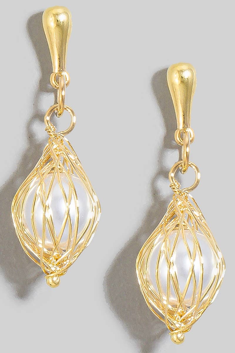 Wire Cage Pearl Bead Charm Dangle Earrings