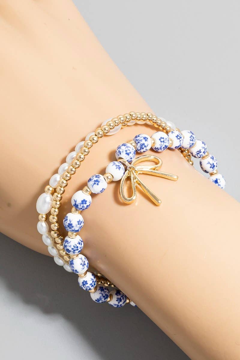 Bow Charm Blue Floral Ceramic Beaded Bracelet Set