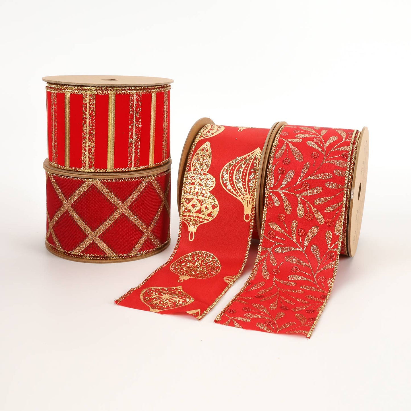 2 1/2" Holiday Wired Ribbon | "Diamond Pattern" Berry/Gold | 10 Yard Roll