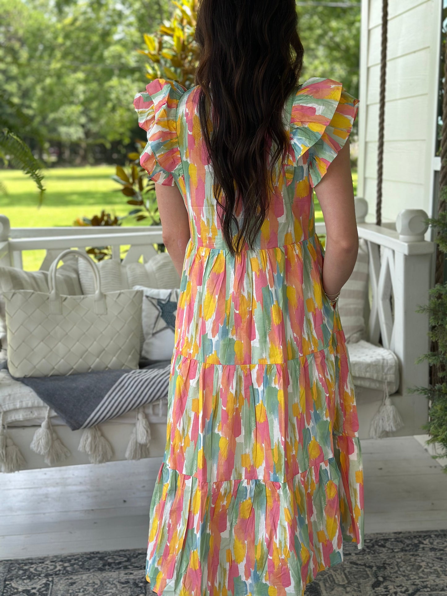 Coral/Yellow Geometric Print Tiered Midi Dress