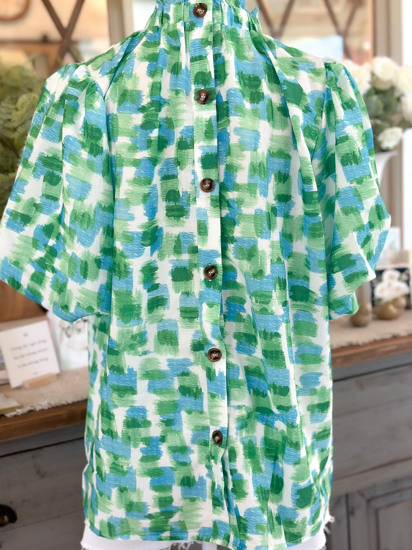 Green Abstract Button Back Ruffed High Neck Blouse