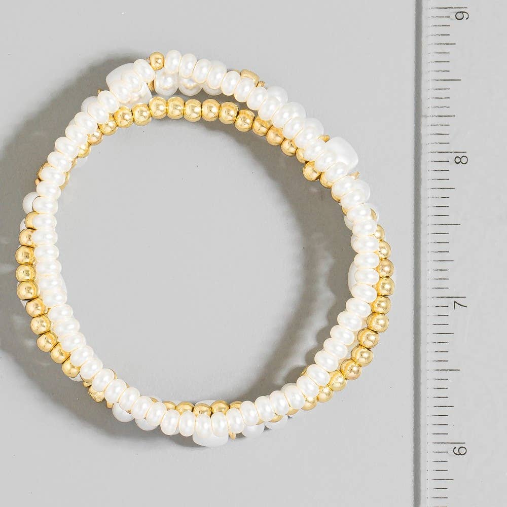 Mixed Pearl And Metallic Beaded Bracelet Set: WT