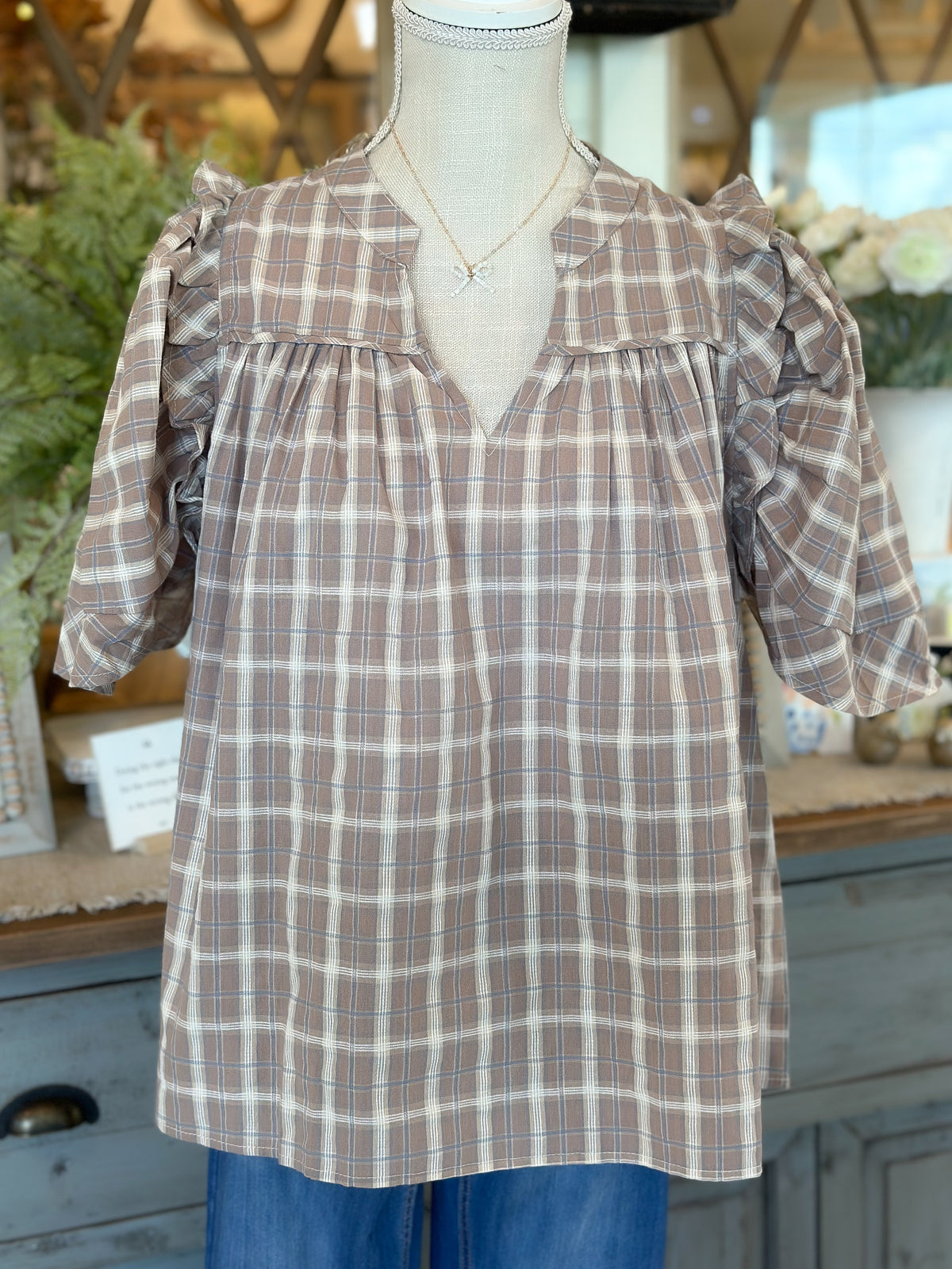 Taupe Plaid V-Neck Short Sleeve Top