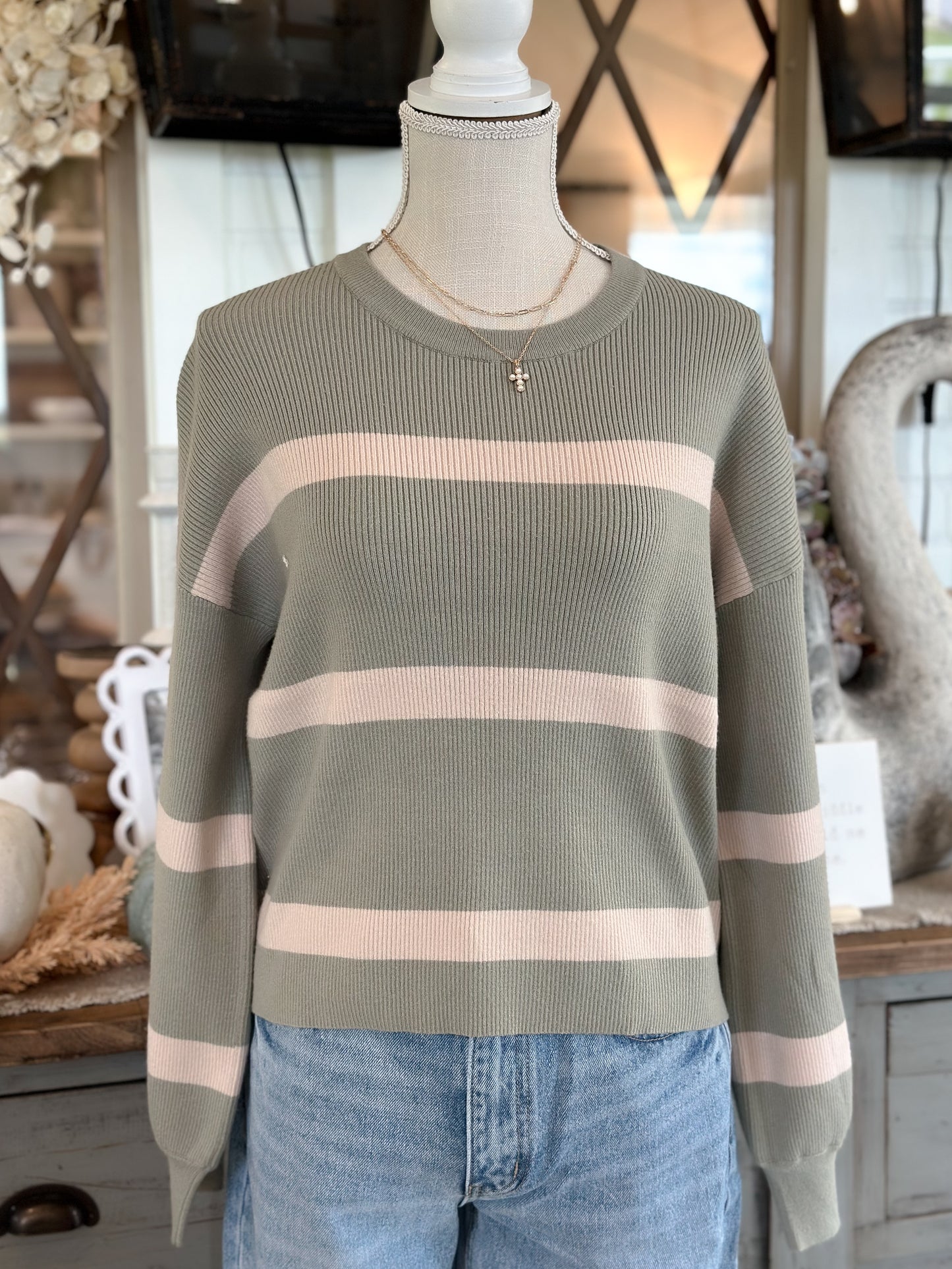 Widestripe Sweater Pullover - Olive/Oatmeal