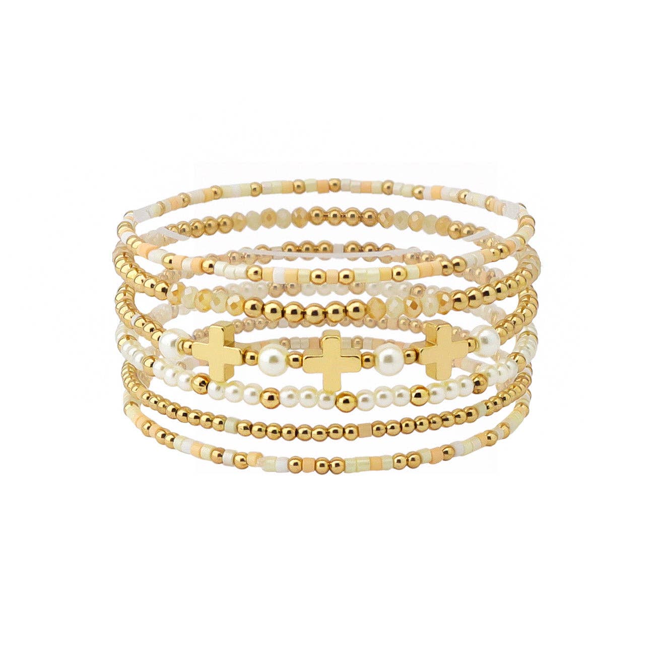Set of 5 Gold Beaded with Natural Seed Bead and Gold Cross Stretch Bracelets