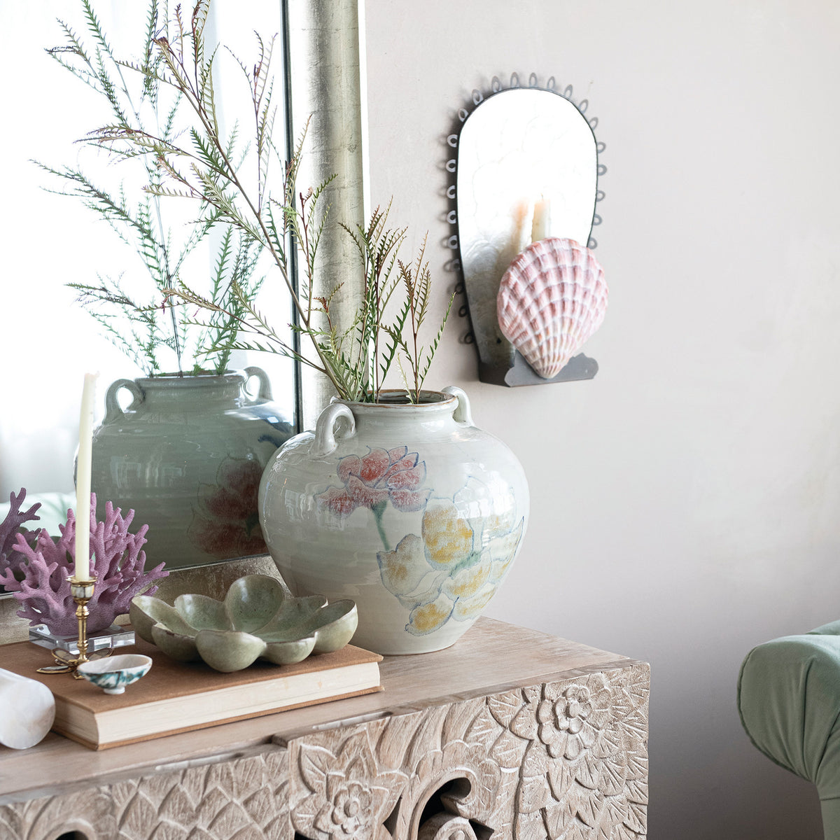 Hand-Painted Stoneware Urn with Flowers